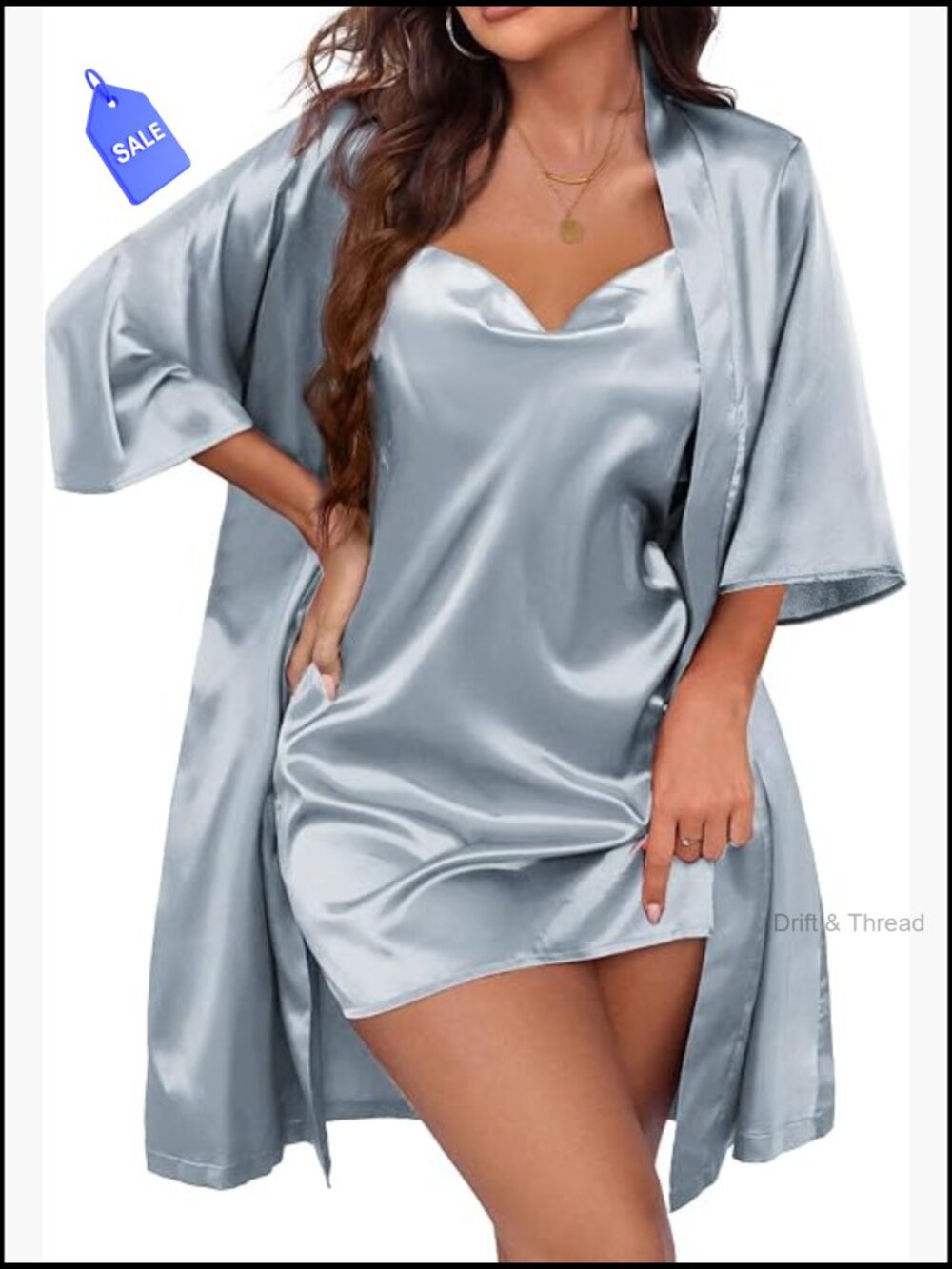 2-Piece Satin Robe Set with Cowl Neck Cami Nightgown